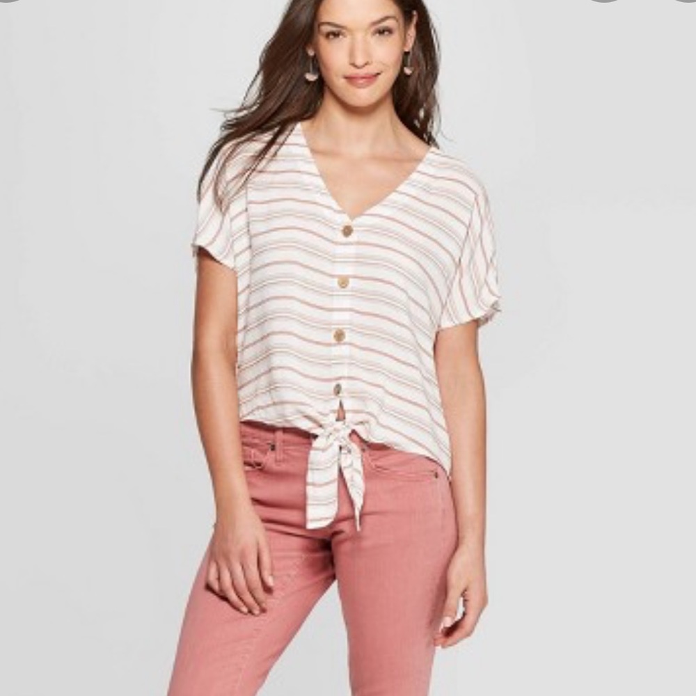 Universal Thread Orange and White Striped Button Front Tie Front Top Sz Small